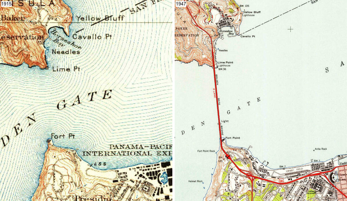 The Golden Gate in 1915, 1947 before and after the Golden Gate Bridge was constructed