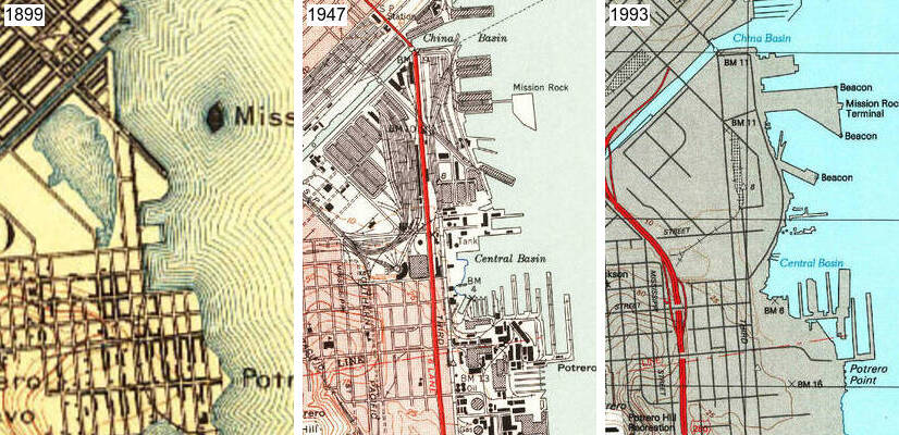 Mission Rock and Potrero Point in 1899, 1947, 1993