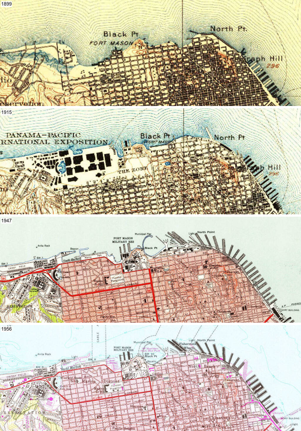 North Beach in 1899, 1915, 1947, 1956 showing the development of North Beach