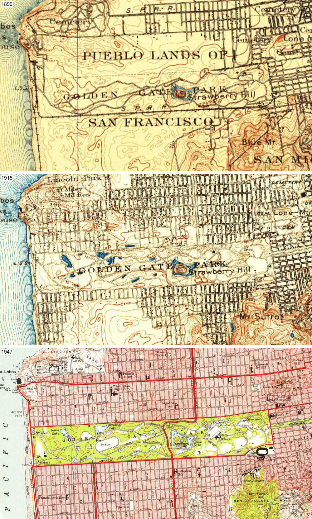 The Richmond and Sunset neighborhoods in 1899, 1915, 1947 showing the street grid and development of Golden Gate Park